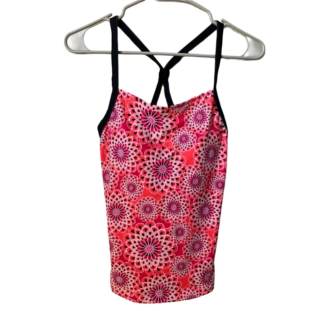 LANDS’ END Women’s Pink Coral Black Print w/ Black Racerback Straps Tankini Top
